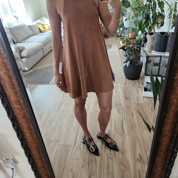 Suede A line Camel Dress Large - Picture 2 of 4